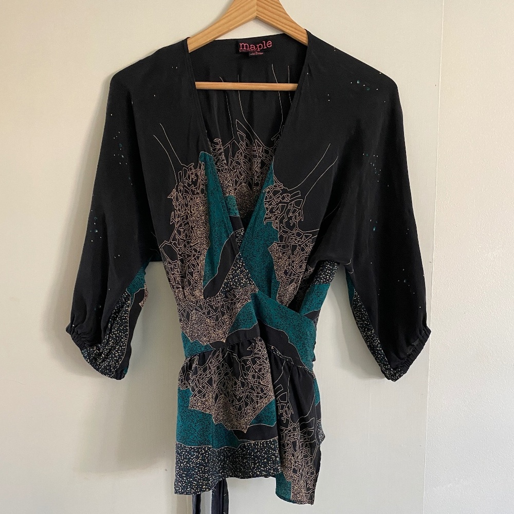 Anthropologie 100% Silk Maple Wrap Peplum Top – Size 6